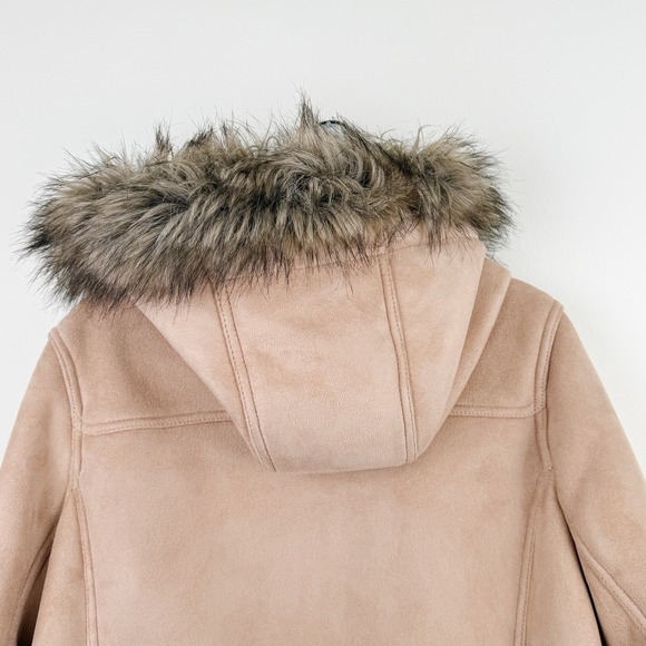 Lands' End Women's L 14-16 Faux Suede Toggle Coat Hooded Sherpa Lined Beige - Picture 9 of 10